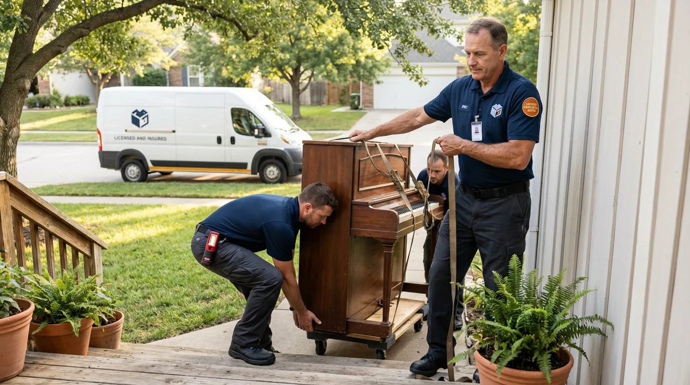 Licensed piano movers securing grand piano in Alexandria, MN