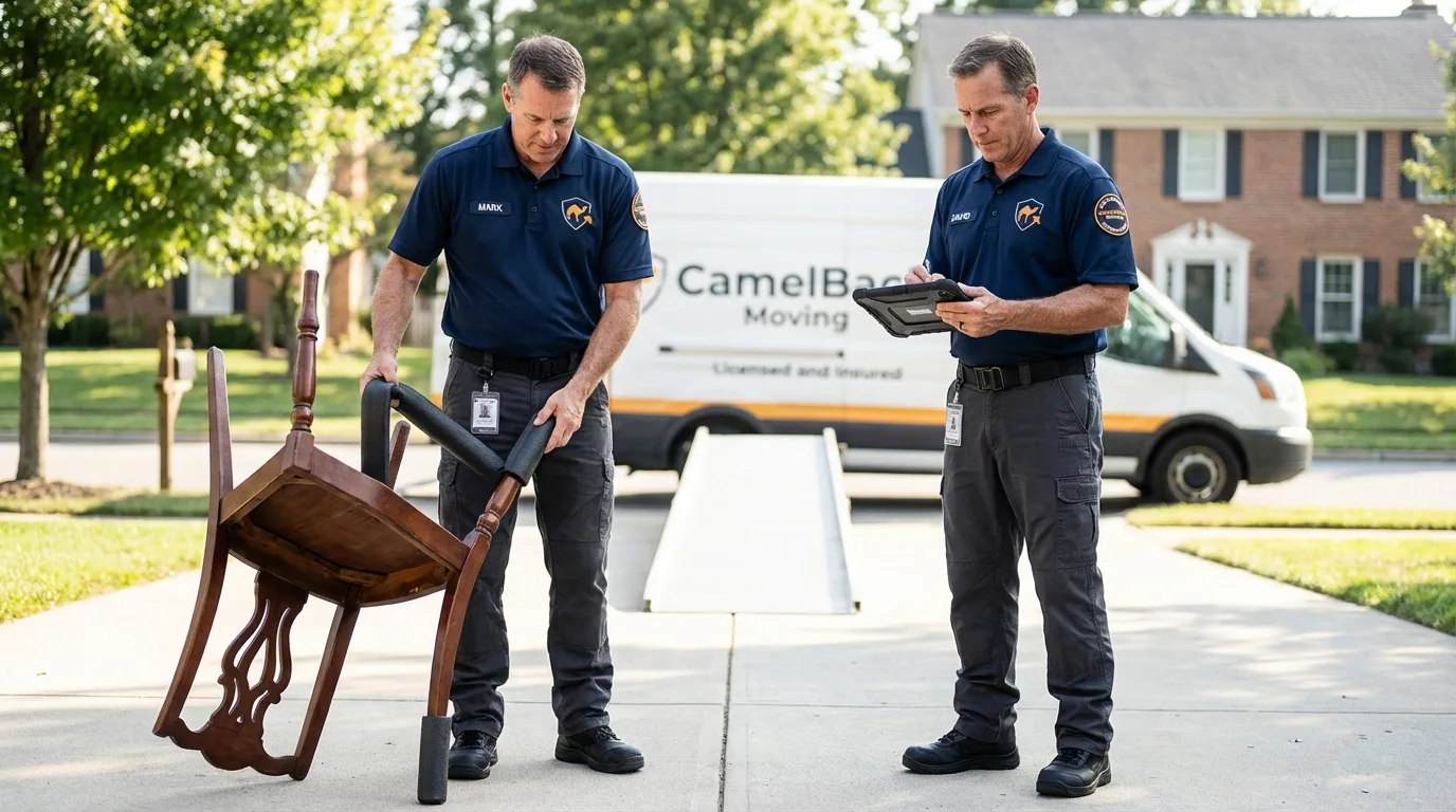 Movers inspecting furniture for damage prevention before loading in Alexandria, MN