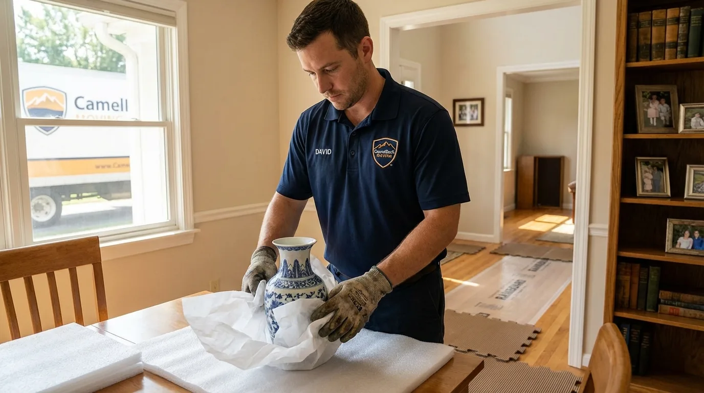 Professional crew carefully wrapping antique vase for senior downsizing move in Alexandria, MN